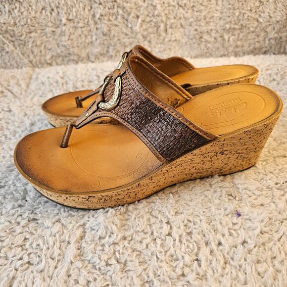 Clarks Women's Avaleen Lake Leather Cork Wedge Flip Flop Sandals Size 8 Brown - Picture 4 of 8